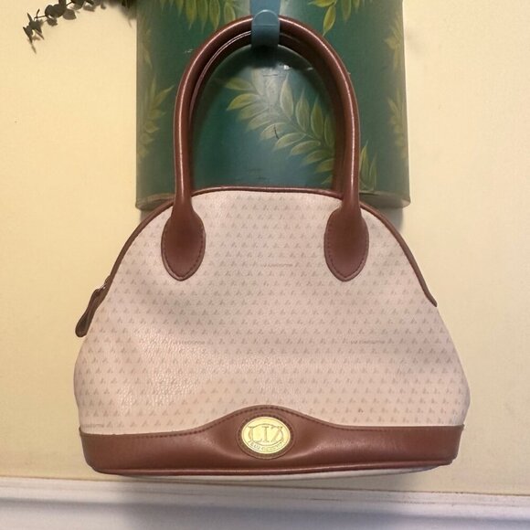 Liz Claiborne Vintage 90s Handbag Cream Brown Leather logo print rare - Picture 1 of 5